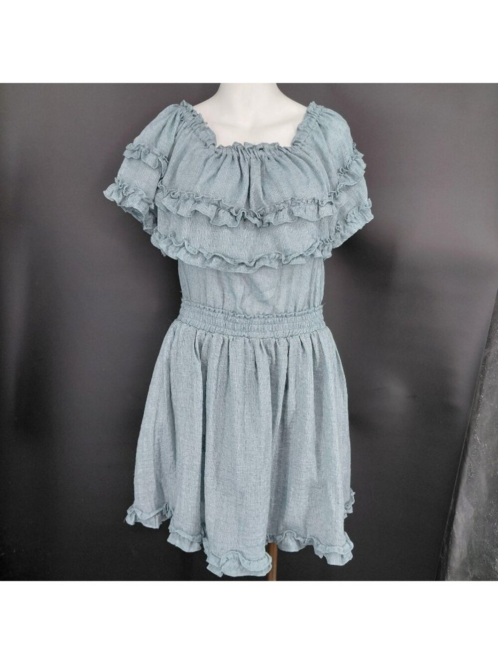Sundress Dress Womens Large Blue Off Shoulder Ruffle Smocked Waist Boho Wedding